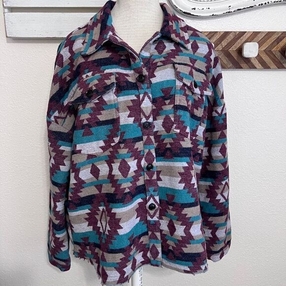Aztec boho flannel schacket blue burgundy sweater jacket size med oversized - Picture 15 of 15